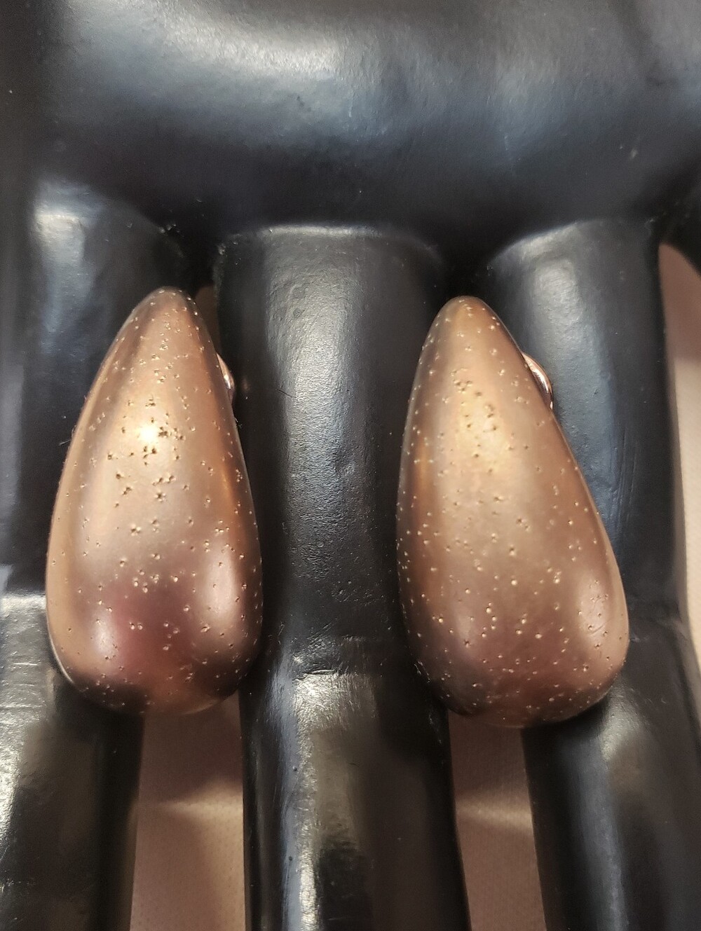 Vintage Bronzed Sterling Silver Speckled Teardrop Dome Earrings Signed Llj